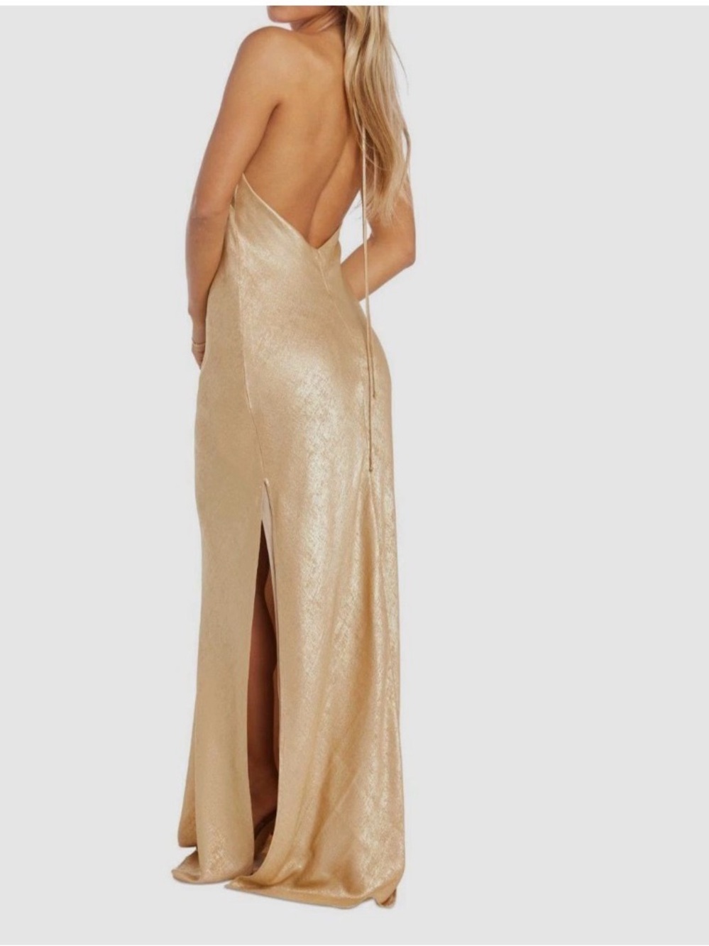 Morgan & Co. Metallic Gold Backless Slip Gown
